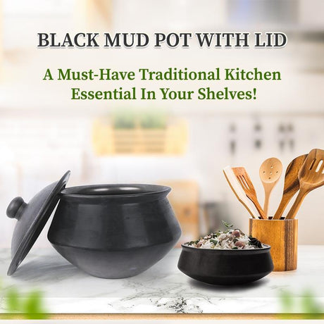 black cooking mud pot with lid by organic gyaan